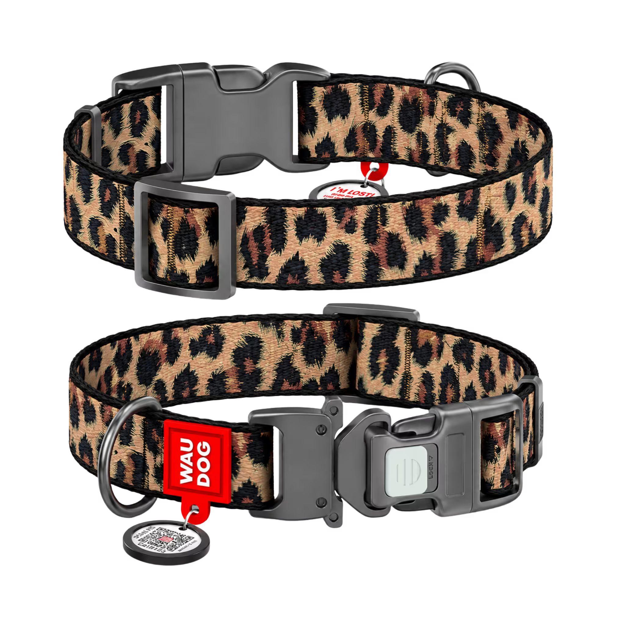 Nylon Dog Collar with Smart QR ID Tag - Leopard Collection