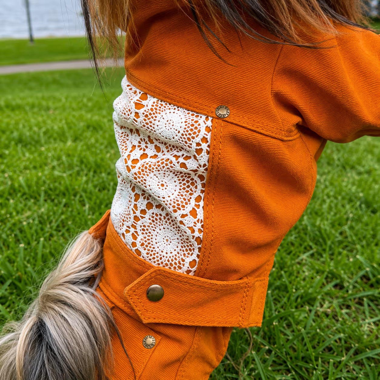 Designer Denim Dog Jacket & Pants Set with Lace