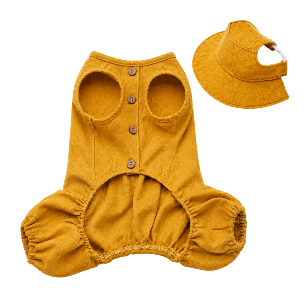 Linen Dog Jumpsuit & Sun Hat Set - Lightweight Summer Dog Outfit
