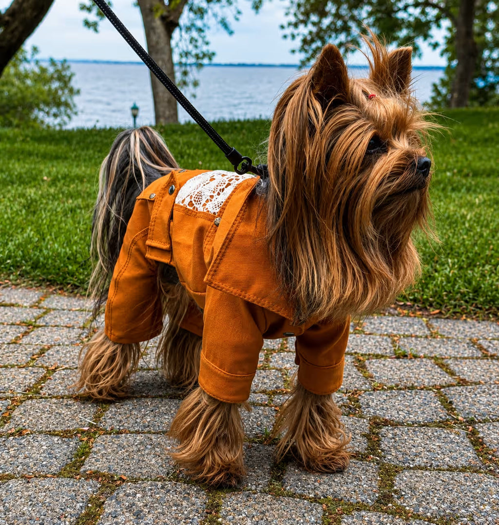 Designer Denim Dog Jacket & Pants Set with Lace