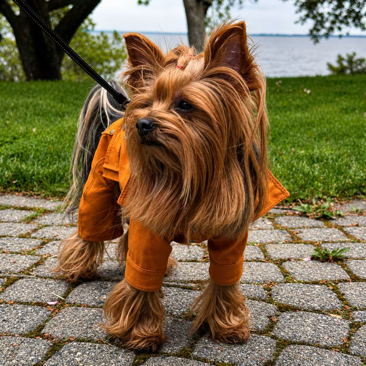 Designer Denim Dog Jacket & Pants Set with Lace